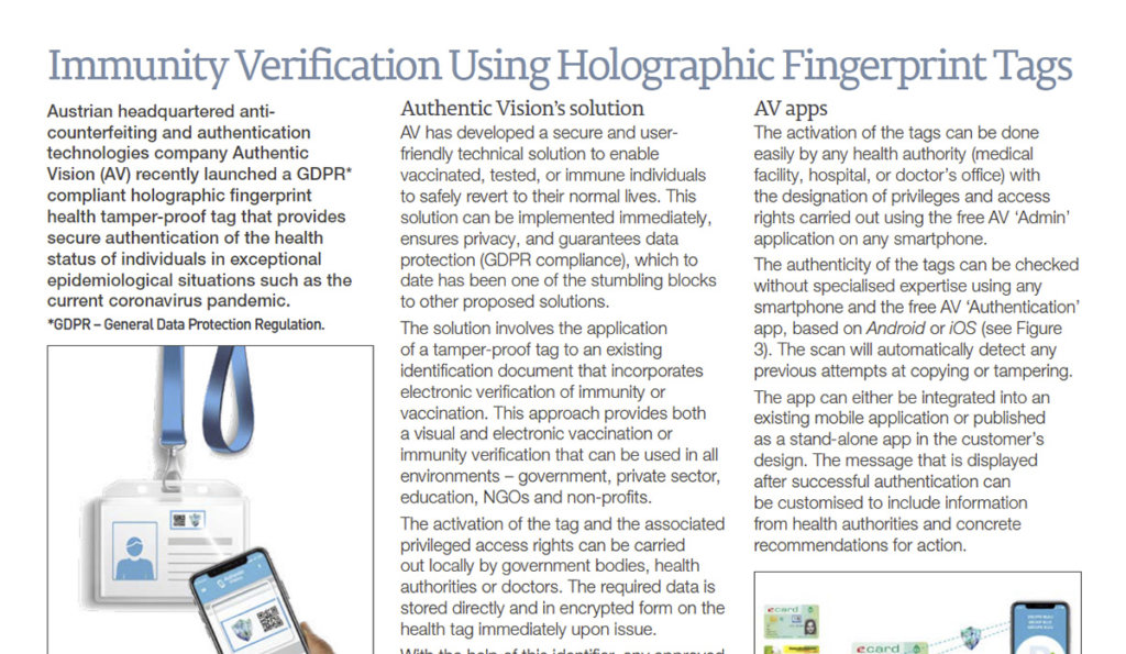 Holography News: Immunity Verification Using Holographic Fingerprint™ Tags from Authentic Vision